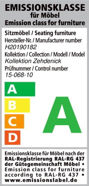 Emissionsklasse A für Sitzmöbel aus der Kollektion Zehdenick, Hersteller-Nr. H20190182, mit Prüfnummer 15-068-10, Vorderansicht des Labels.