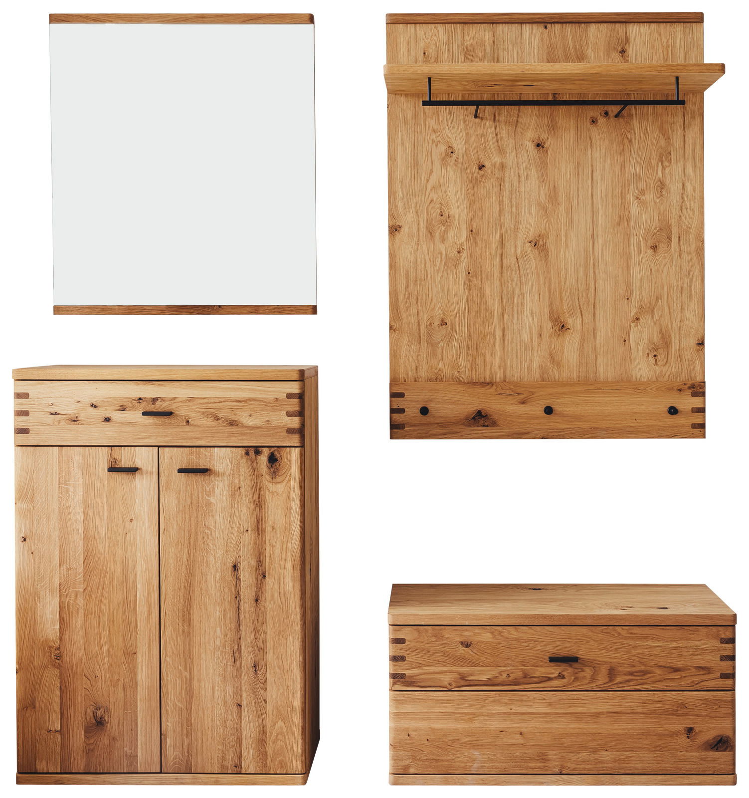 Garderobenkombination 4-tlg. aus Holz, bestehend aus einem Spiegel, einer Wandgarderobe mit Haken und Ablage, einem Schrank mit Türen und einer Sitzbank mit Stauraum. Frontalansicht.