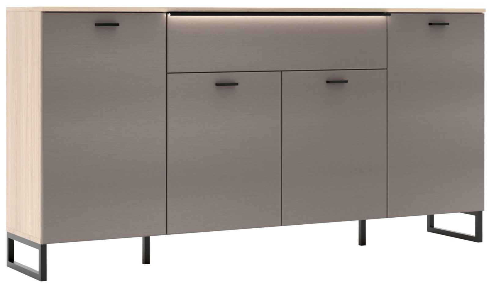 Z2 Sideboard TIBOR-G Modernes Sideboard in Grau mit heller Holzoberseite, mehreren Türen und Schublade, schwarzen Griffen und Metallgestell, freigestellt auf Weiß, Frontansicht