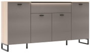 Modernes Sideboard in Grau mit heller Holzoberseite, mehreren Türen und Schublade, schwarzen Griffen und Metallgestell, freigestellt auf Weiß, Frontansicht