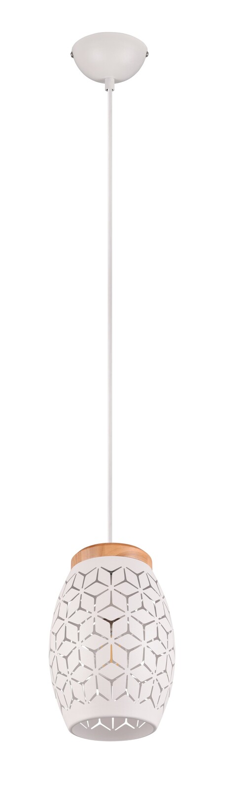Moderne Pendelleuchte mit geometrischem Muster und Holzdetails, seitliche Perspektive