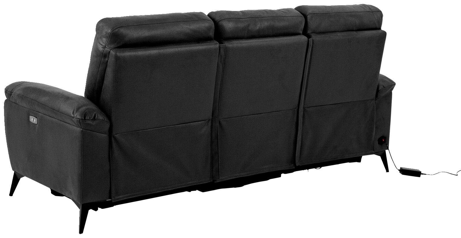 Rückansicht eines dreisitzigen Sofas in dunkler Farbe mit elektrischer Anschlussmöglichkeit.