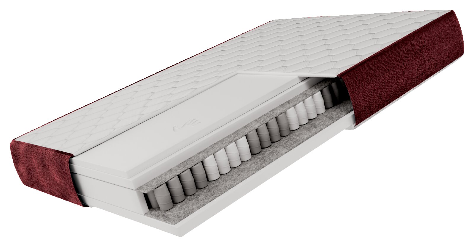 3D-Schnittansicht einer Taschenfederkernmatratze mit weißer, gesteppten Liegefläche und bordeauxrotem Bezug; im Inneren sind Federn und Schaum-/Vlieslagen sichtbar, Perspektive schräg von oben.