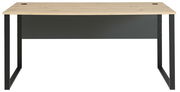 Moderner Schreibtisch mit Holzplatte und schwarzem Metallgestell, Vorderansicht