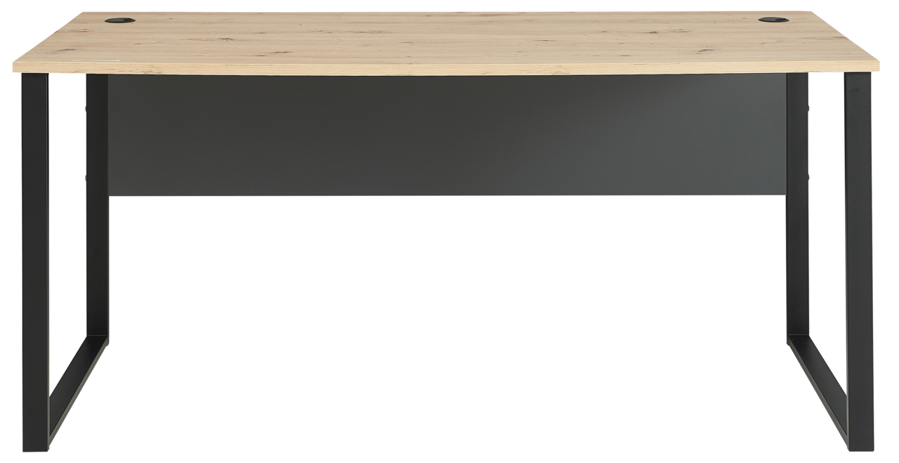 Moderner Schreibtisch mit Holzplatte und schwarzem Metallgestell, Vorderansicht