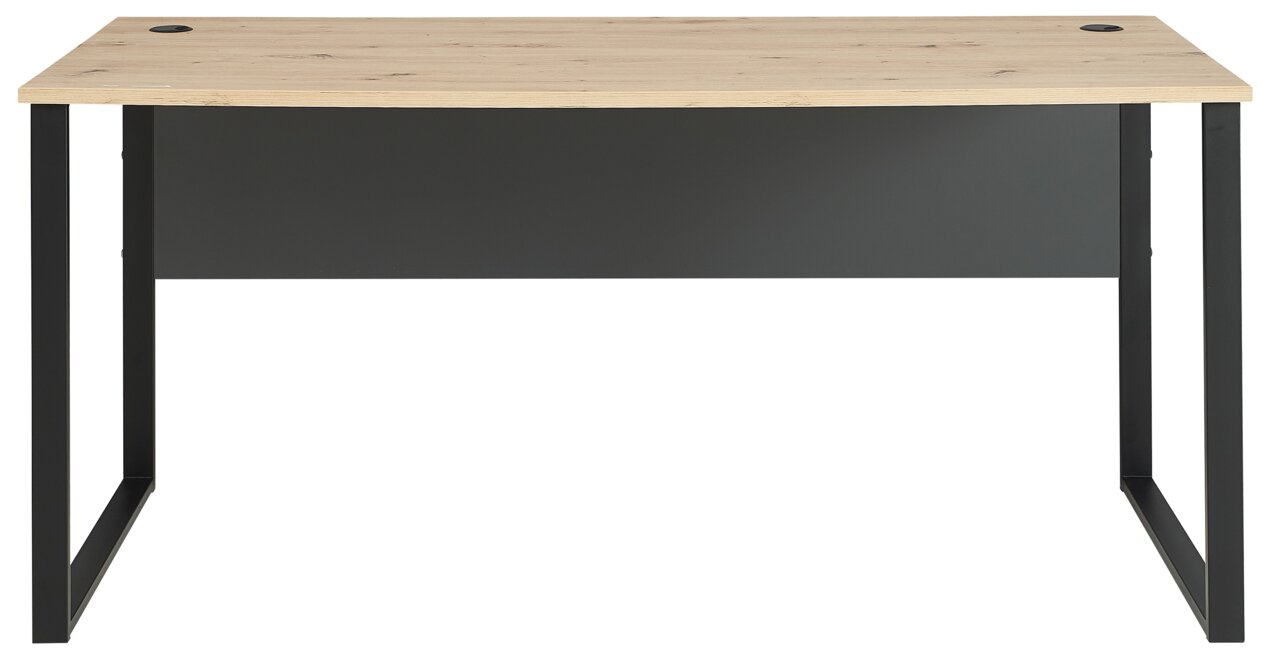 Moderner Schreibtisch mit Holzplatte und schwarzem Metallgestell, Vorderansicht