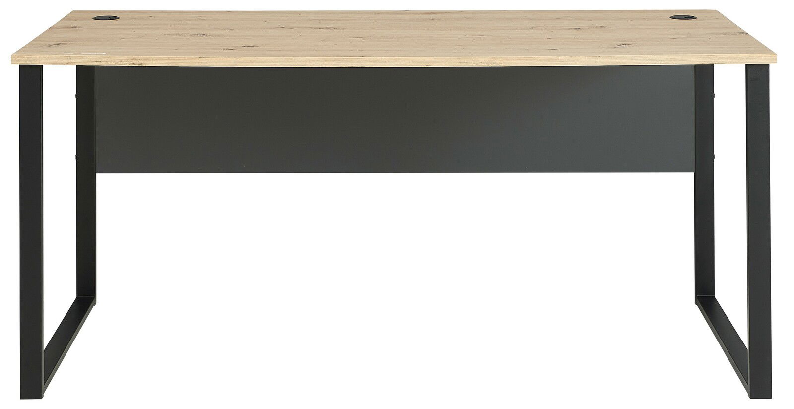 Moderner Schreibtisch mit Holzplatte und schwarzem Metallgestell, Vorderansicht