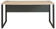 Moderner Schreibtisch mit Holzplatte und schwarzem Metallgestell, Vorderansicht