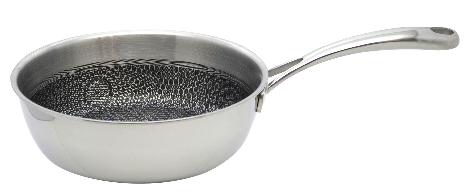 Seitliche Ansicht einer Edelstahl-Sauteuse mit Wabenstruktur im Inneren und ergonomischem Griff.