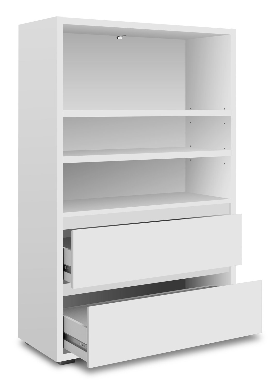 Z2 Regal IMAGE Weißes Regal mit zwei offenen Schubladen und zwei Regalböden, seitliche Perspektive