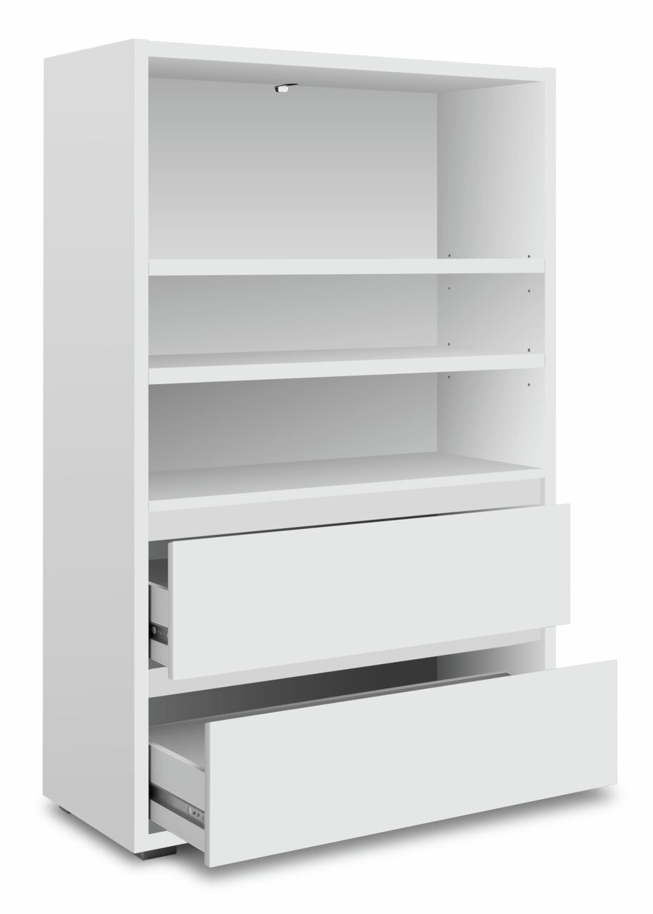 Z2 Regal IMAGE Weißes Regal mit zwei offenen Schubladen und zwei Regalböden, seitliche Perspektive