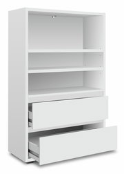 Weißes Regal mit zwei offenen Schubladen und zwei Regalböden, seitliche Perspektive