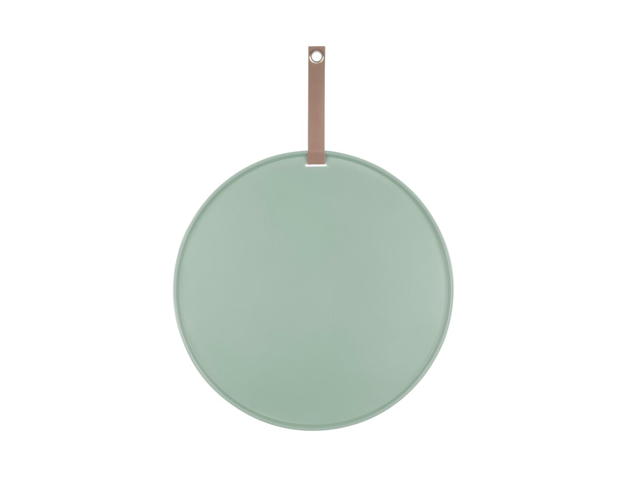 Rond, groen memobord met bruine ophanghaak, afgebeeld van voren.