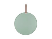 Rond, groen memobord met bruine ophanghaak, afgebeeld van voren.
