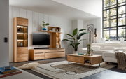 Moderne Wohnzimmermöbel in Holzoptik, bestehend aus einer Wohnwand mit TV, Vitrine und Couchtisch, aus der Perspektive eines gemütlichen Wohnzimmers mit großen Fenstern.