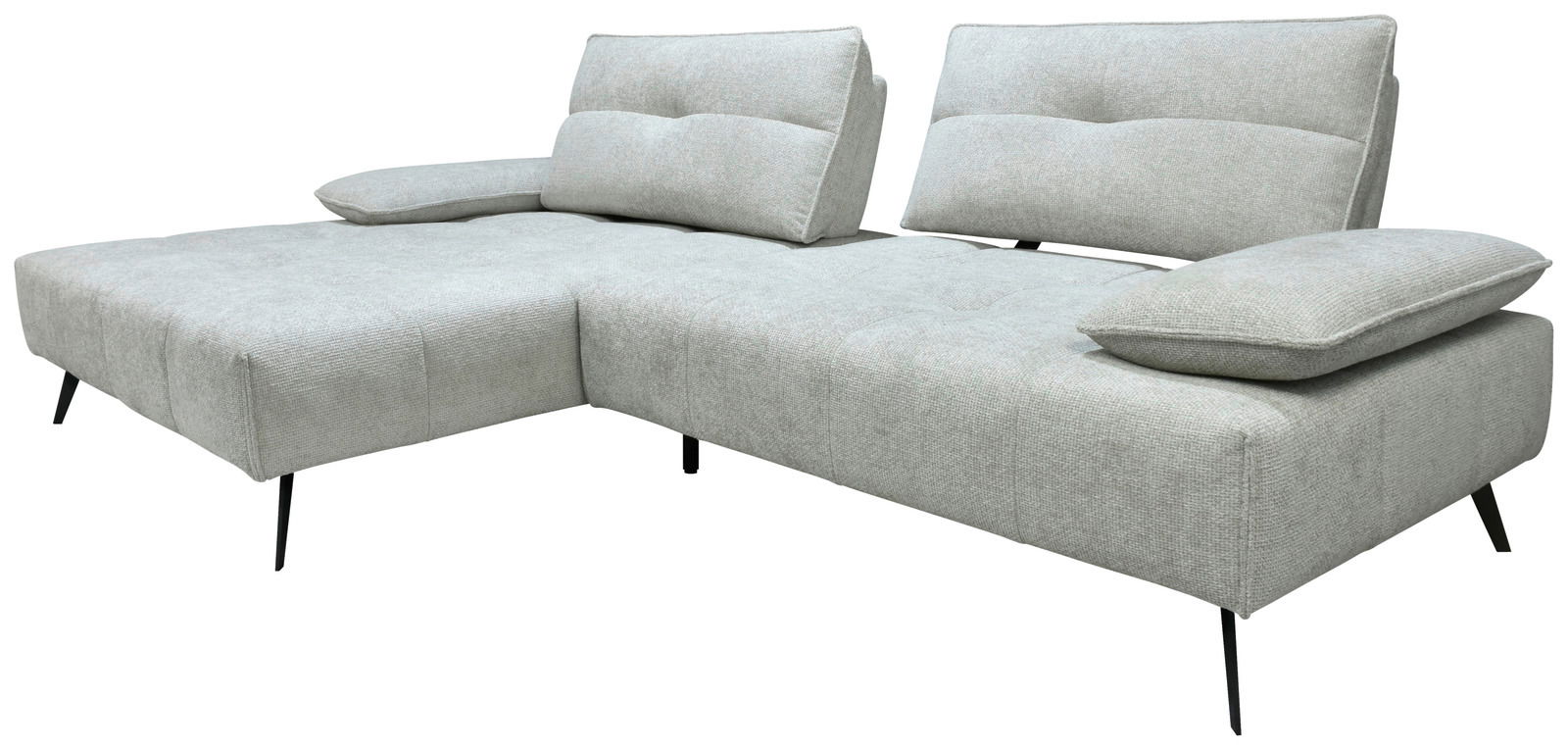 Graue Longchairkombination mit zwei Rückenkissen und einem Armlehnenkissen, seitliche Perspektive