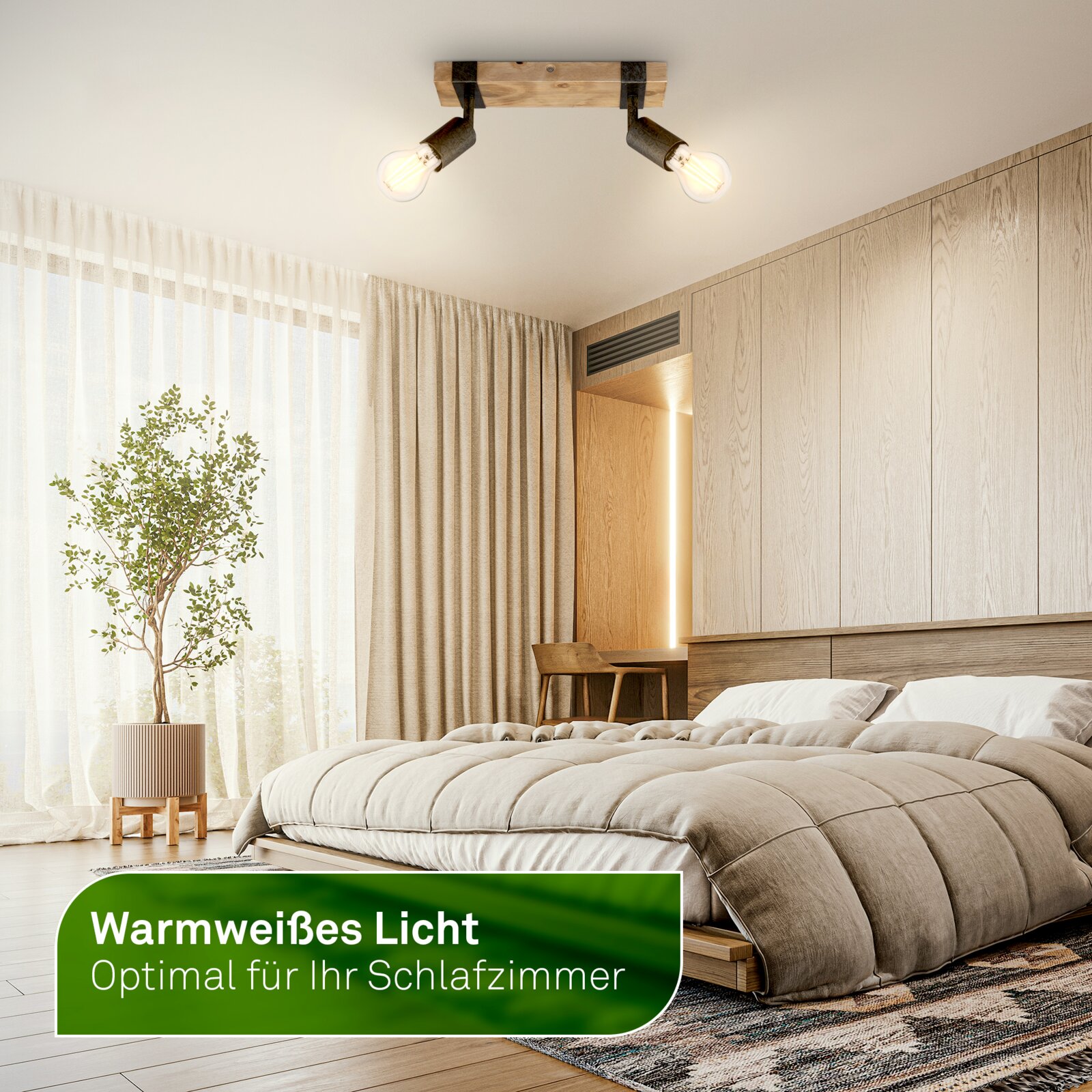 Tweelichts plafondspot van hout en zwart metaal met warmwitte gloeilampen, vanuit onderaanzicht in een moderne slaapkamer