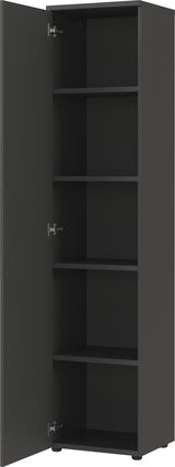 Schmaler Aktenschrank mit fünf offenen Fächern, schwarze Farbe, Tür geöffnet, seitliche Perspektive.