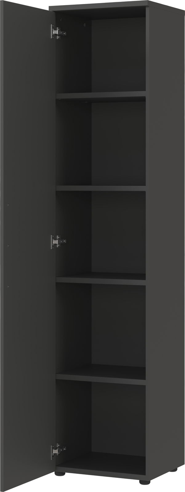 Schmaler Aktenschrank mit fünf offenen Fächern, schwarze Farbe, Tür geöffnet, seitliche Perspektive.