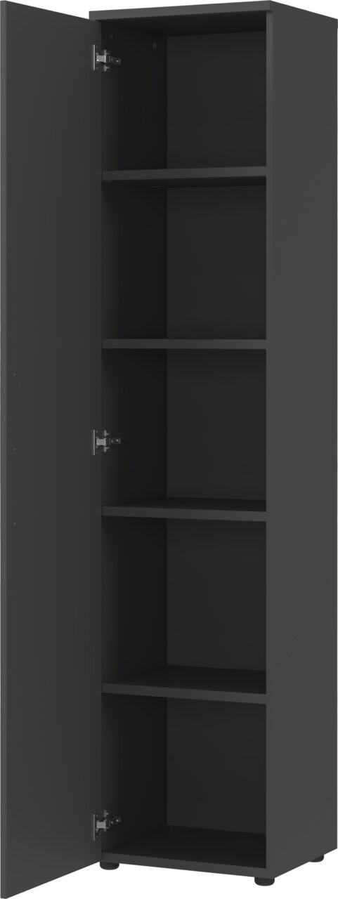 Schmaler Aktenschrank mit fünf offenen Fächern, schwarze Farbe, Tür geöffnet, seitliche Perspektive.