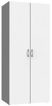 Weißer Mehrzweckschrank mit zwei Türen und silbernen Griffen, seitliche Perspektive