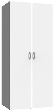 Weißer Mehrzweckschrank mit zwei Türen und silbernen Griffen, seitliche Perspektive