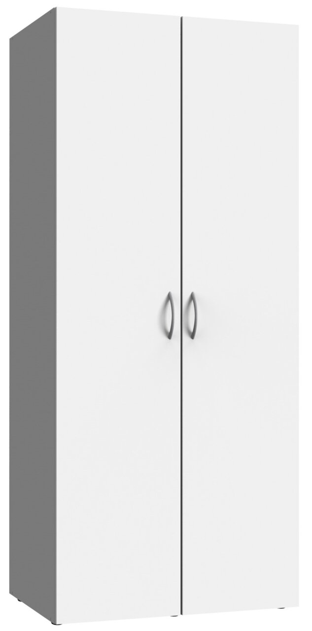 Weißer Mehrzweckschrank mit zwei Türen und silbernen Griffen, seitliche Perspektive