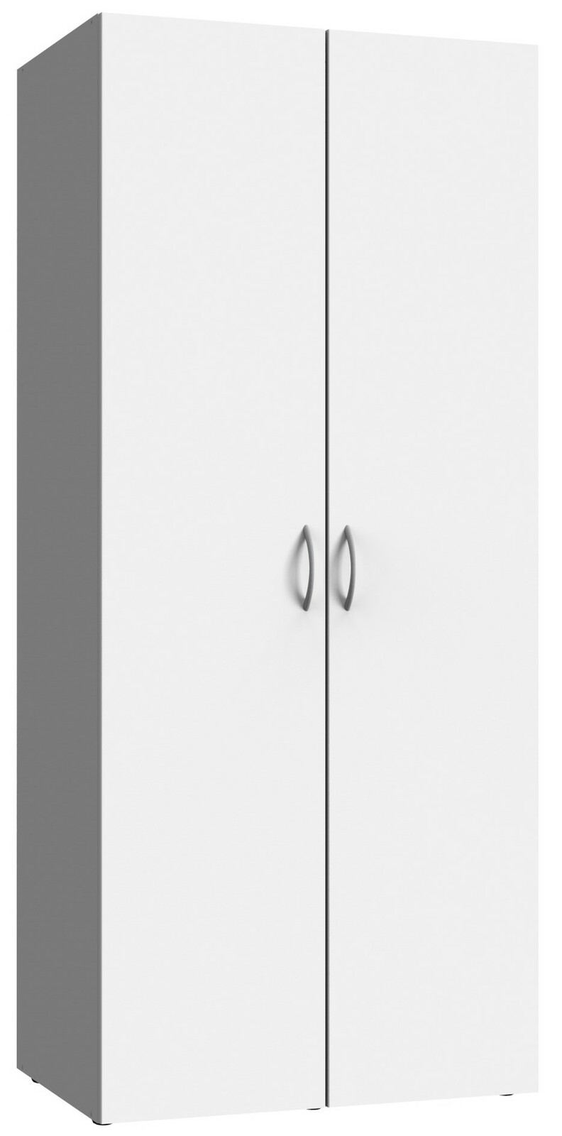 Weißer Mehrzweckschrank mit zwei Türen und silbernen Griffen, seitliche Perspektive