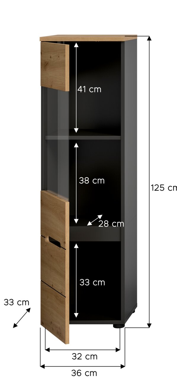 Schmaler Hochschrank in Schwarz mit Holzfronten und Glaseinsatz, teils geöffnete Tür, Maßangaben (Höhe 125 cm, Breite 36 cm, Tiefe 33 cm) und Innenfächer, dargestellt in schräger Frontansicht von links.