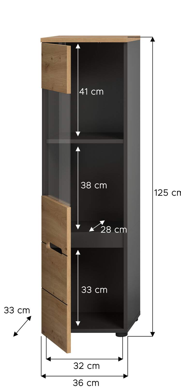 Schmaler Hochschrank in Schwarz mit Holzfronten und Glaseinsatz, teils geöffnete Tür, Maßangaben (Höhe 125 cm, Breite 36 cm, Tiefe 33 cm) und Innenfächer, dargestellt in schräger Frontansicht von links.