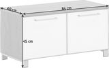 Garderobenbank in Holzoptik mit zwei weißen Türen, seitliche Perspektive, Maße 84 cm Breite, 40 cm Tiefe, 45 cm Höhe
