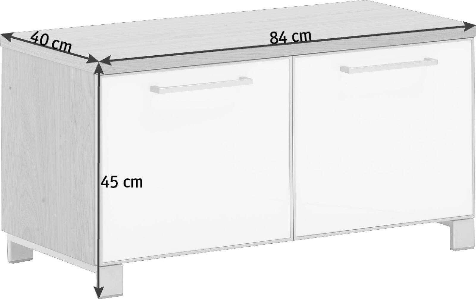 Garderobenbank in Holzoptik mit zwei weißen Türen, seitliche Perspektive, Maße 84 cm Breite, 40 cm Tiefe, 45 cm Höhe
