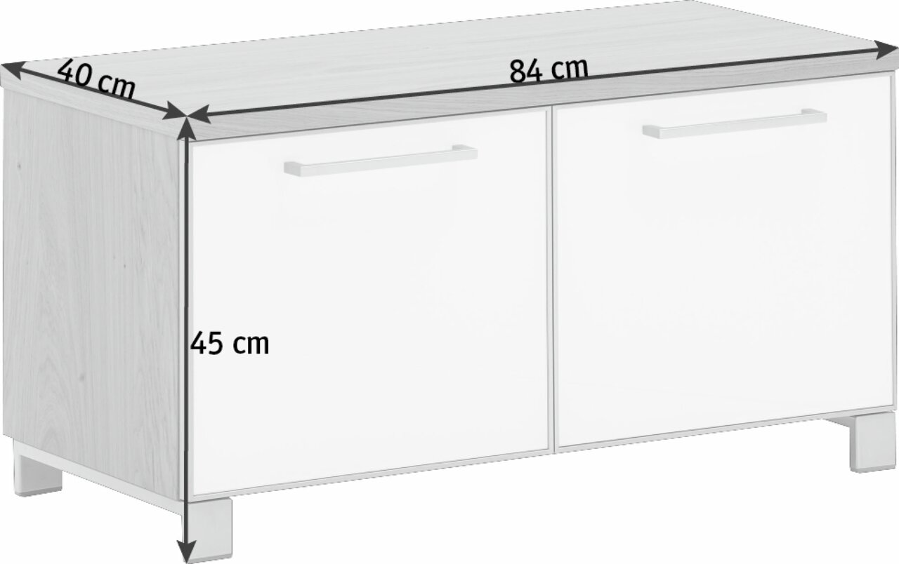 Garderobenbank in Holzoptik mit zwei weißen Türen, seitliche Perspektive, Maße 84 cm Breite, 40 cm Tiefe, 45 cm Höhe