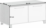 Garderobenbank in Holzoptik mit zwei weißen Türen, seitliche Perspektive, Maße 84 cm Breite, 40 cm Tiefe, 45 cm Höhe