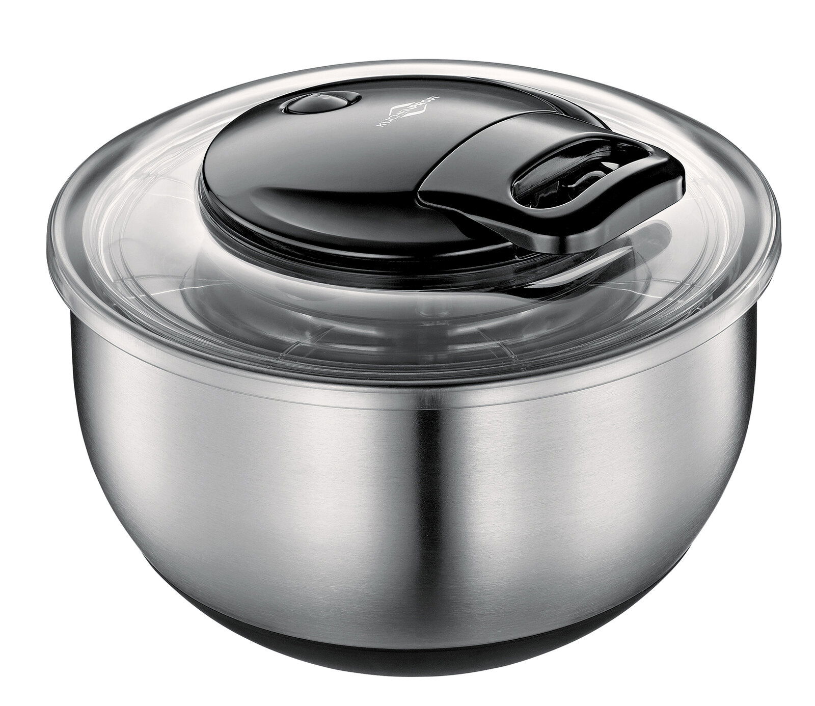 KÜCHENPROFI Salatschleuder TURBO Salatschleuder Turbo aus Edelstahl mit transparentem Deckel und schwarzem Griff, seitliche Perspektive
