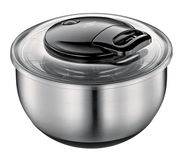 Salatschleuder Turbo aus Edelstahl mit transparentem Deckel und schwarzem Griff, seitliche Perspektive