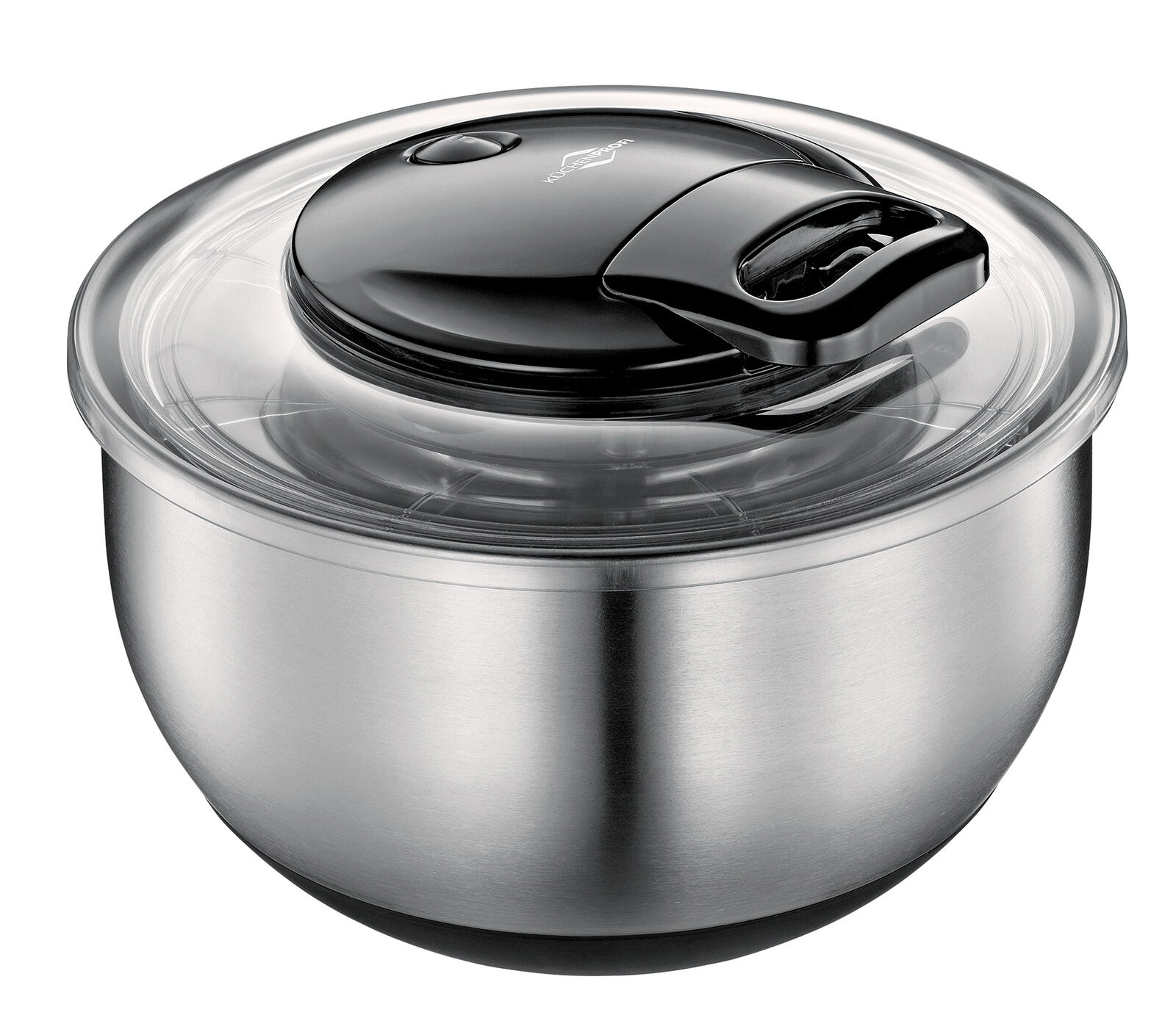 Salatschleuder Turbo aus Edelstahl mit transparentem Deckel und schwarzem Griff, seitliche Perspektive