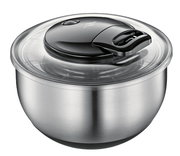 Salatschleuder Turbo aus Edelstahl mit transparentem Deckel und schwarzem Griff, seitliche Perspektive