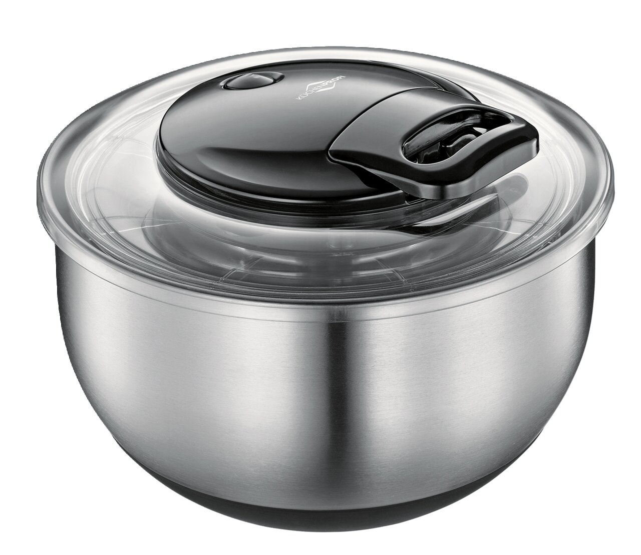 Salatschleuder Turbo aus Edelstahl mit transparentem Deckel und schwarzem Griff, seitliche Perspektive