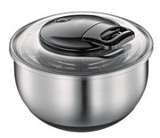 Salatschleuder Turbo aus Edelstahl mit transparentem Deckel und schwarzem Griff, seitliche Perspektive