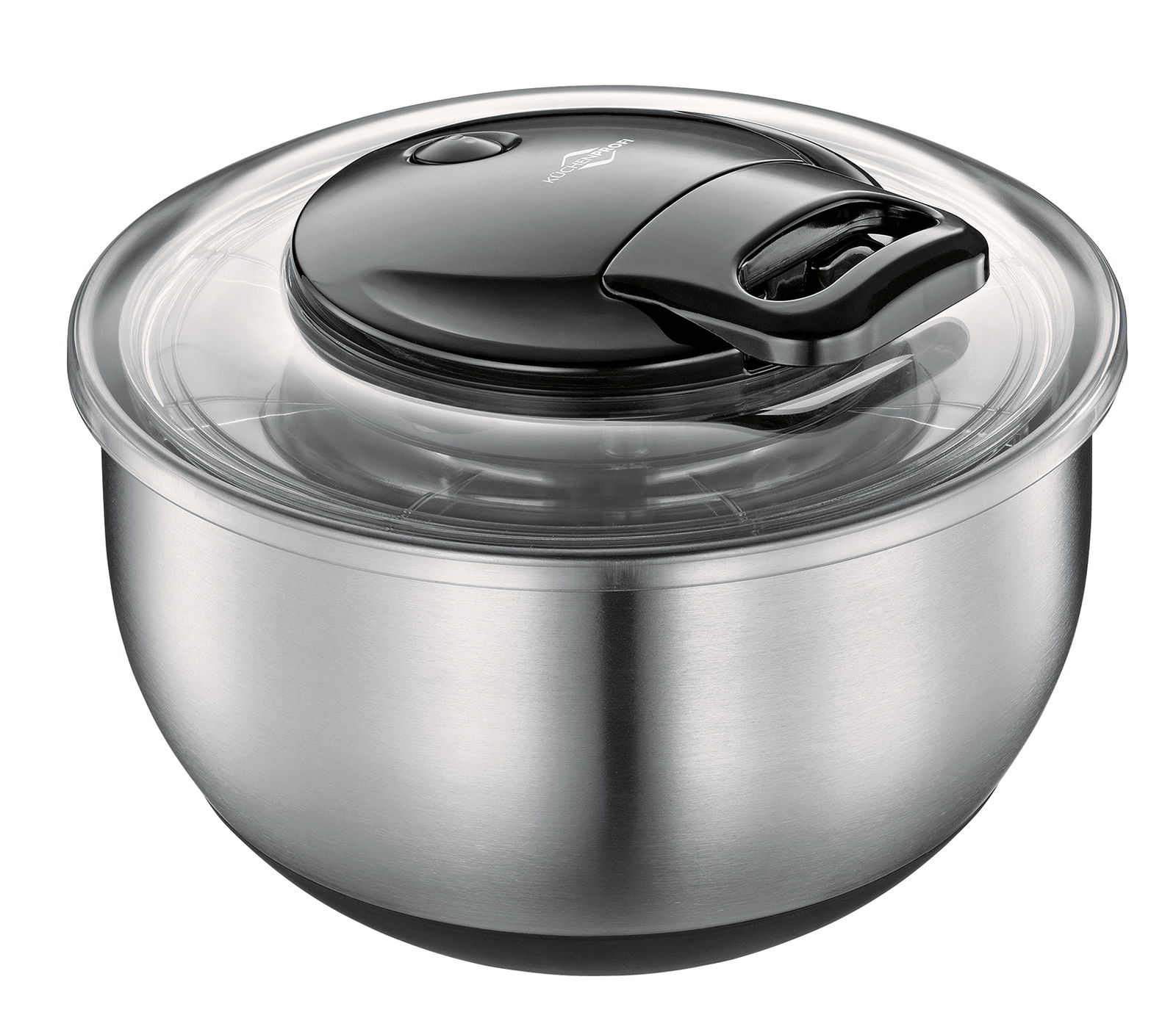 Salatschleuder Turbo aus Edelstahl mit transparentem Deckel und schwarzem Griff, seitliche Perspektive