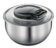 Salatschleuder Turbo aus Edelstahl mit transparentem Deckel und schwarzem Griff, seitliche Perspektive