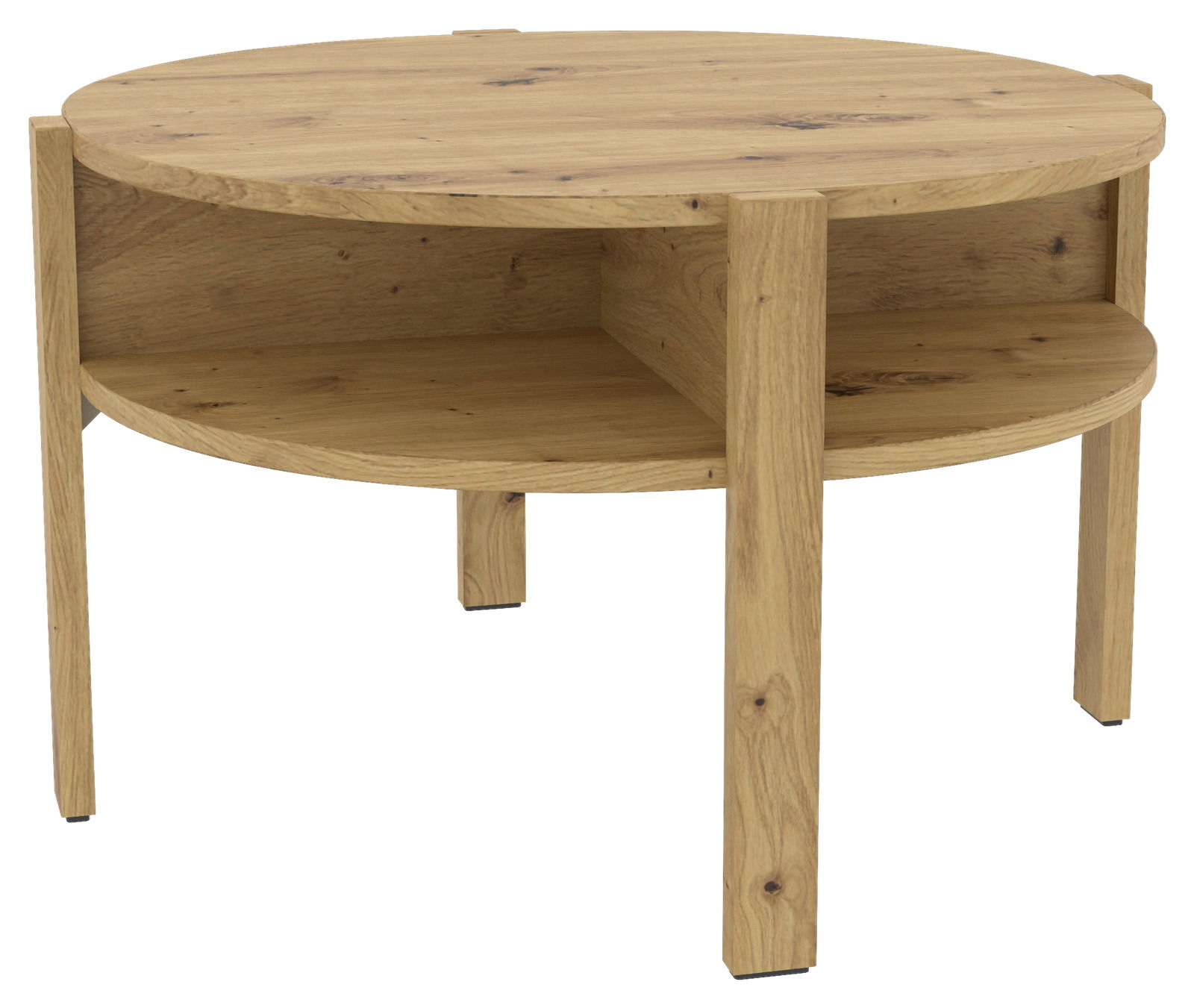 Runder Couchtisch aus Holz mit zwei Ebenen, seitliche Perspektive