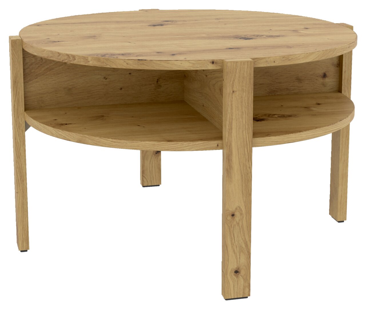 Runder Couchtisch aus Holz mit zwei Ebenen, seitliche Perspektive