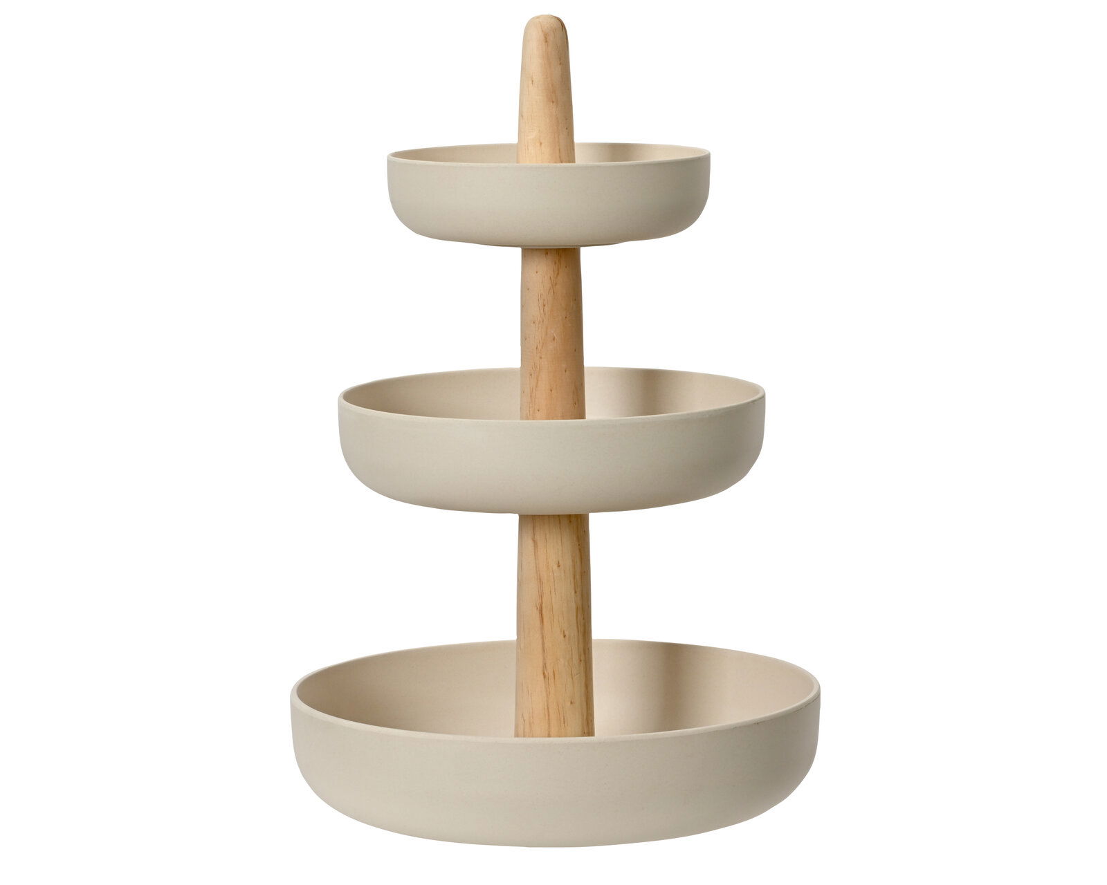 Decoris Etagere Babmusfaser Dreistöckige Etagere aus hellem Holz und cremefarbenen Schalen, frontal betrachtet.