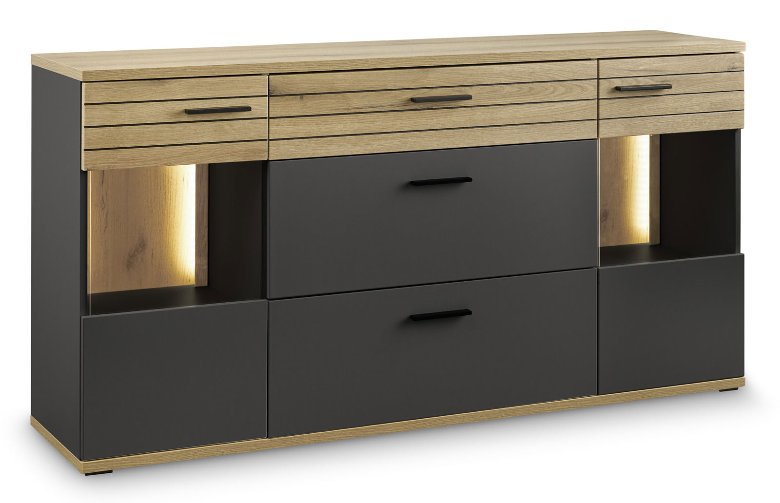 Modernes Sideboard mit Holz- und Schwarzelementen, frontal betrachtet
