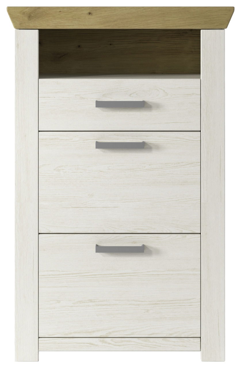 Frontansicht eines Garderoben-Schranks mit drei Schubladen in heller Holzoptik und dunkler Ablagefläche.