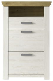 Frontansicht eines Garderoben-Schranks mit drei Schubladen in heller Holzoptik und dunkler Ablagefläche.