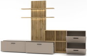 Moderne Wohnwand mit Holzpaneelen, offenen Regalen und Schubladen, frontal betrachtet.