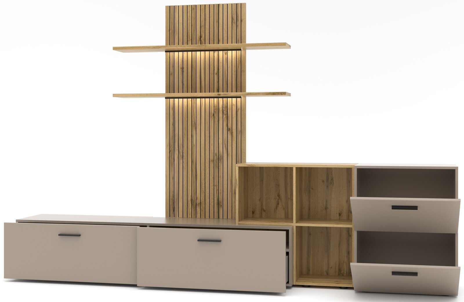 Moderne Wohnwand mit Holzpaneelen, offenen Regalen und Schubladen, frontal betrachtet.